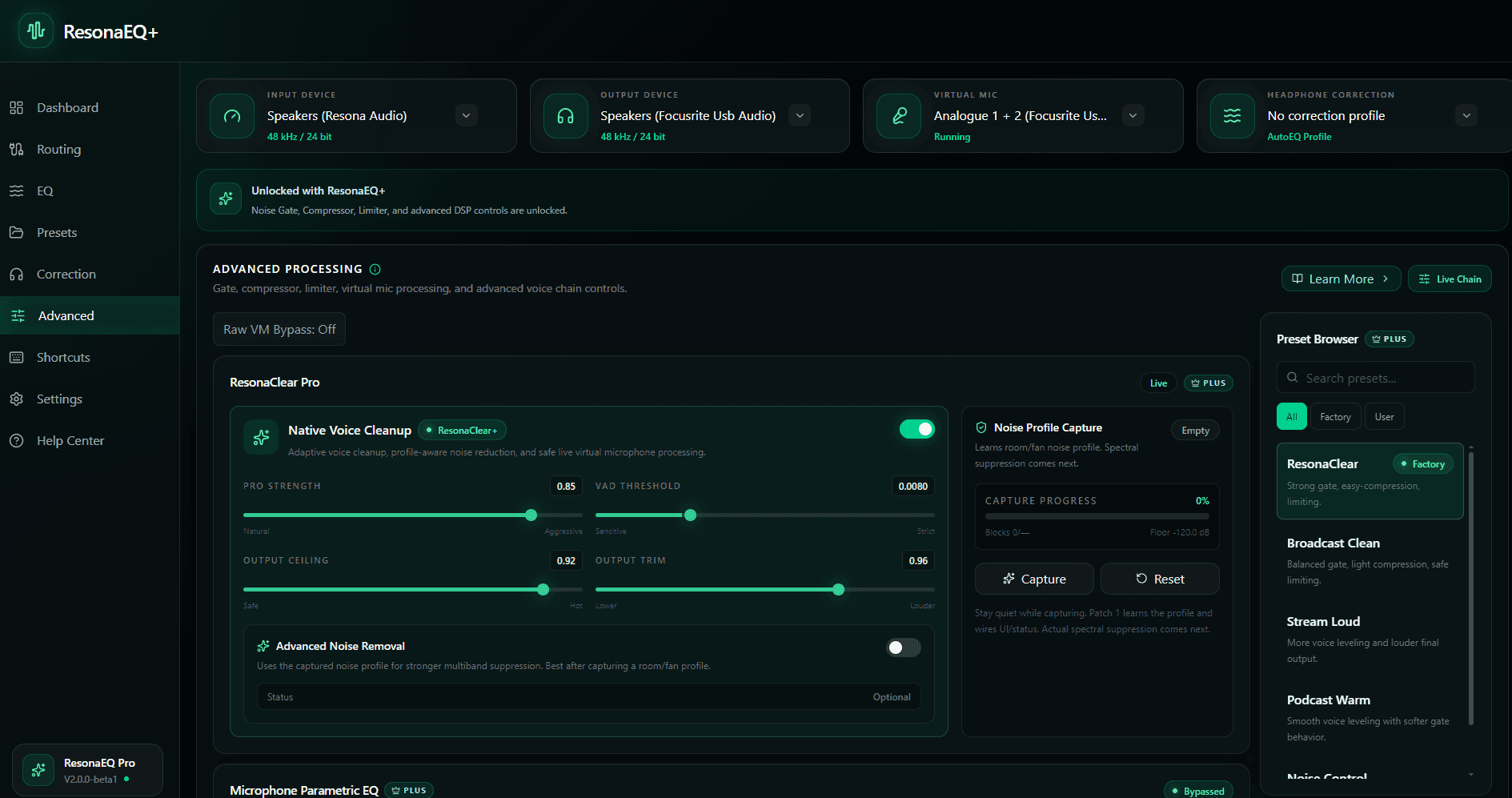 ResonaEQ+ ResonaClear Pro advanced processing interface